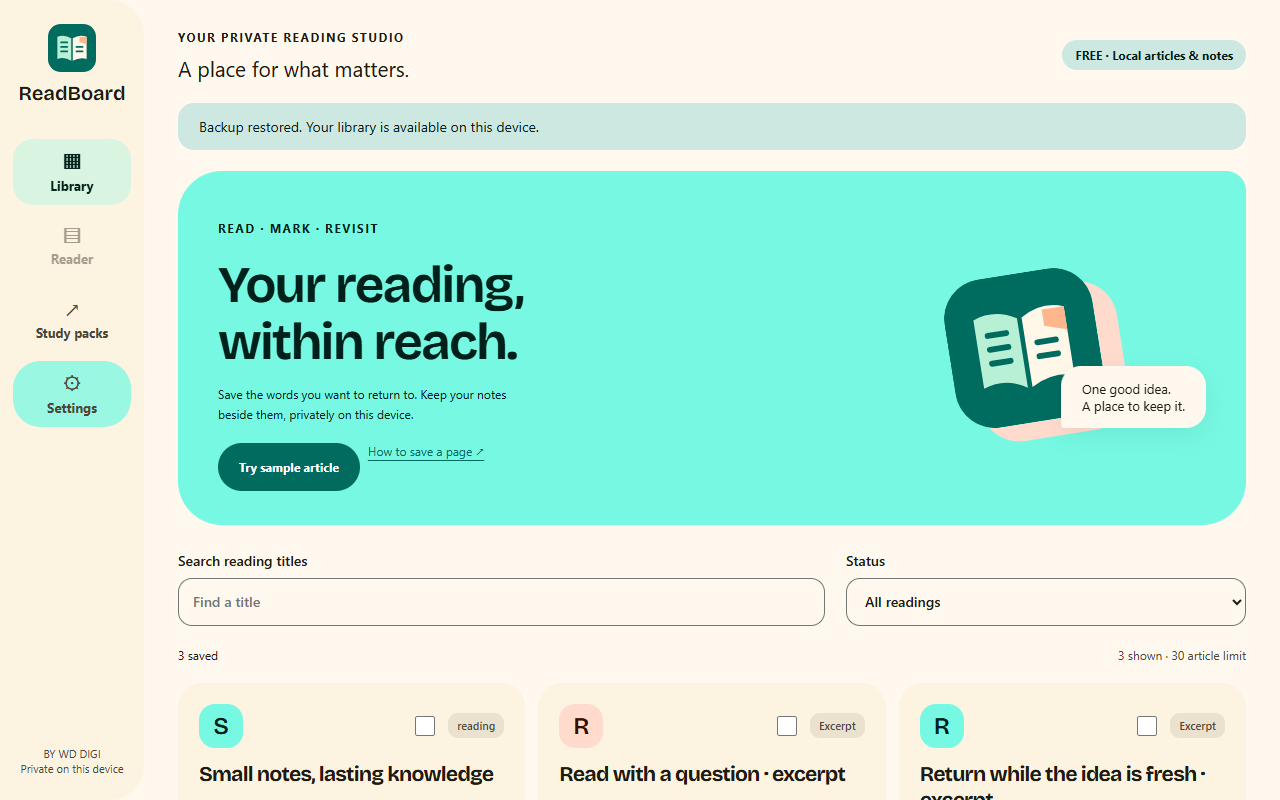 Actual ReadBoard library showing an article and two excerpts from WD DIGI sample text
