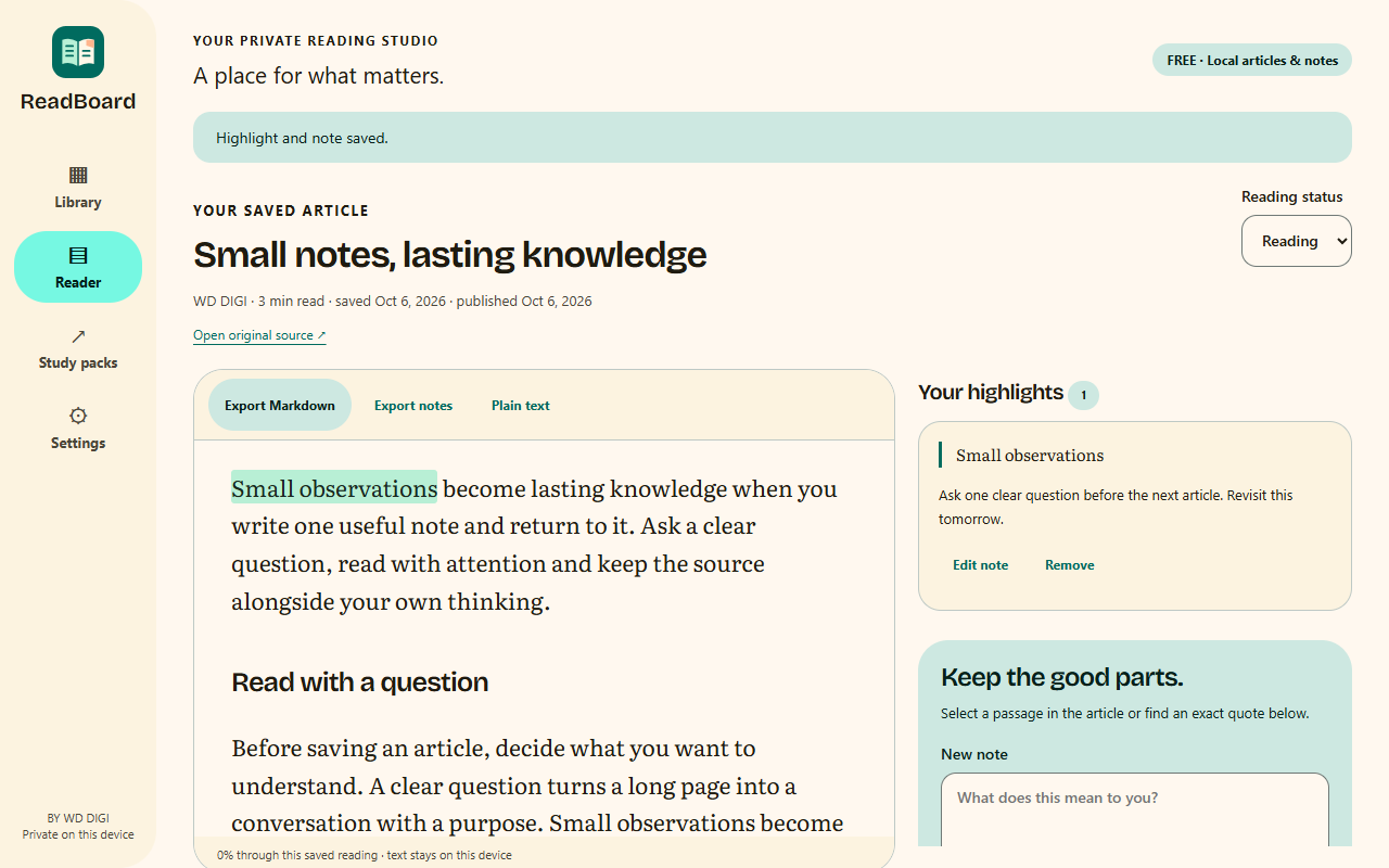 Actual ReadBoard reader with a highlighted original sample article and a saved note